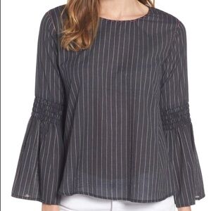 Velvet by Graham & Spencer Taj Blue Gray Striped Pom Pom Neck blouse shirt XS